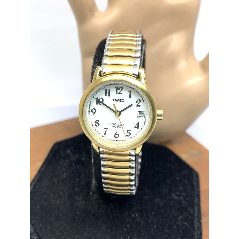 Timex Womens Watch T2H381 Indiglo Quartz Petite 2-Tone White Dial Expansion Band